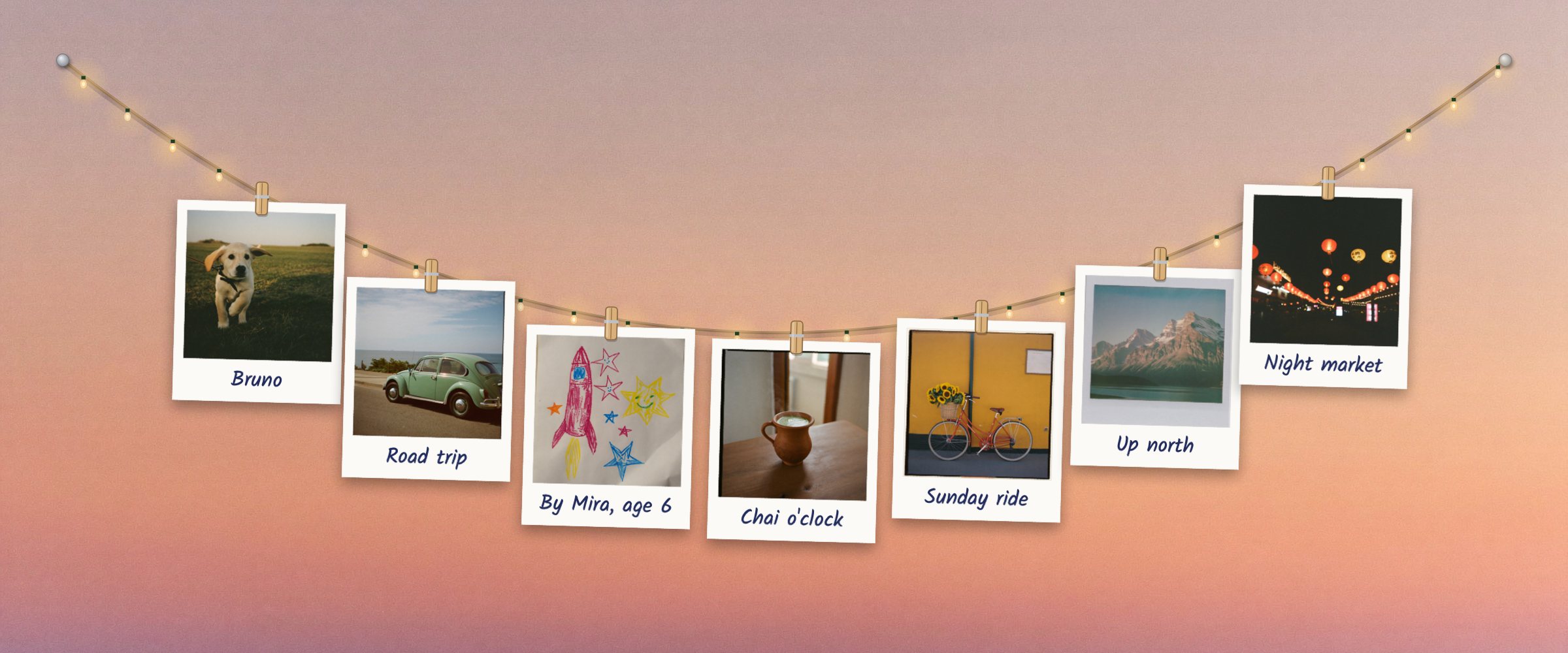 Picture-Line running on a Mac: instant photos in wooden clips hanging from a string across a desktop wallpaper.